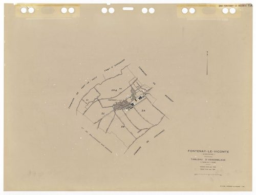 FONTENAY-LE-VICOMTE, plans minutes de conservation : tableau d'assemblage,1934, Ech. 1/10000 ; plans des sections A1, A2, 1934, Ech. 1/2500, section A4, 1934, Ech. 1/1250, sections ZA, ZB, ZC, 1961, Ech. 1/2500. Polyester. N et B. Dim. 105 x 80 cm [7 plan