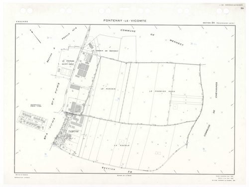 FONTENAY-LE-VICOMTE, plans minutes de conservation : tableau d'assemblage,1934, Ech. 1/10000 ; plans des sections A1, A2, 1934, Ech. 1/2500, section A4, 1934, Ech. 1/1250, sections ZA, ZB, ZC, 1961, Ech. 1/2500. Polyester. N et B. Dim. 105 x 80 cm [7 plan
