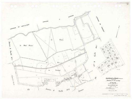 FONTENAY-LE-VICOMTE, plans minutes de conservation : tableau d'assemblage,1934, Ech. 1/10000 ; plans des sections A1, A2, 1934, Ech. 1/2500, section A4, 1934, Ech. 1/1250, sections ZA, ZB, ZC, 1961, Ech. 1/2500. Polyester. N et B. Dim. 105 x 80 cm [7 plan