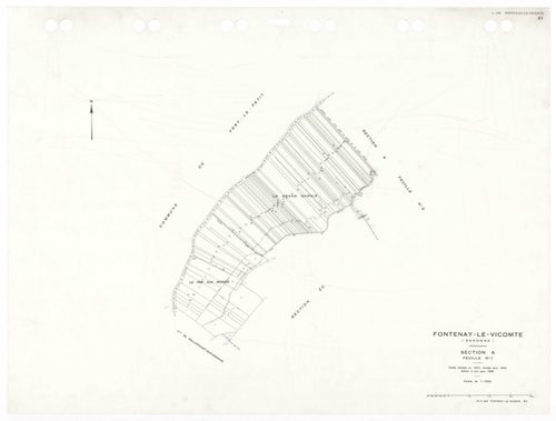 FONTENAY-LE-VICOMTE, plans minutes de conservation : tableau d'assemblage,1934, Ech. 1/10000 ; plans des sections A1, A2, 1934, Ech. 1/2500, section A4, 1934, Ech. 1/1250, sections ZA, ZB, ZC, 1961, Ech. 1/2500. Polyester. N et B. Dim. 105 x 80 cm [7 plan