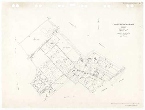 FONTENAY-LE-VICOMTE, plans minutes de conservation : tableau d'assemblage,1934, Ech. 1/10000 ; plans des sections A1, A2, 1934, Ech. 1/2500, section A4, 1934, Ech. 1/1250, sections ZA, ZB, ZC, 1961, Ech. 1/2500. Polyester. N et B. Dim. 105 x 80 cm [7 plan