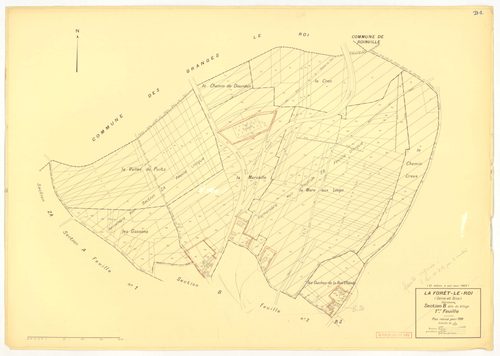 Plans minutes de conservation : FORET-LE-ROI (LA) : tableau d'assemblage n°1, ech. 1/10000 (1938), sections B1, B2, ech. 1/1250 (1938), sections A1, A2, C1, C2, ech. 1/2500 (1938) ; sections A1, B1, B2, ech. 1/1250 (1938-1963) ; tableau d'assemblage n°2, 