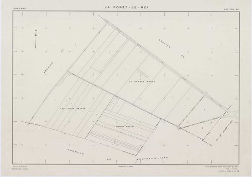 FORET-LE-ROI (LA), plans minutes de conservation : tableau d'assemblage, 1938, Ech. 1/5000 ; plans des section W, X1, Y1, Y2, Z, 1953, Ech. 1/2000, section X2, 1953, Ech. 1/1000. Polyester. N et B. Dim. 105 x 80 cm [7 plans]. 