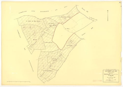 Plans minutes de conservation : FORET-LE-ROI (LA) : tableau d'assemblage n°1, ech. 1/10000 (1938), sections B1, B2, ech. 1/1250 (1938), sections A1, A2, C1, C2, ech. 1/2500 (1938) ; sections A1, B1, B2, ech. 1/1250 (1938-1963) ; tableau d'assemblage n°2, 