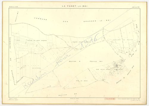 Plans minutes de conservation : FORET-LE-ROI (LA) : tableau d'assemblage n°1, ech. 1/10000 (1938), sections B1, B2, ech. 1/1250 (1938), sections A1, A2, C1, C2, ech. 1/2500 (1938) ; sections A1, B1, B2, ech. 1/1250 (1938-1963) ; tableau d'assemblage n°2, 