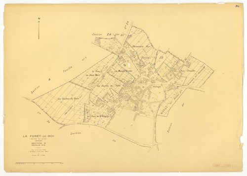 Plans minutes de conservation : FORET-LE-ROI (LA) : tableau d'assemblage n°1, ech. 1/10000 (1938), sections B1, B2, ech. 1/1250 (1938), sections A1, A2, C1, C2, ech. 1/2500 (1938) ; sections A1, B1, B2, ech. 1/1250 (1938-1963) ; tableau d'assemblage n°2, 
