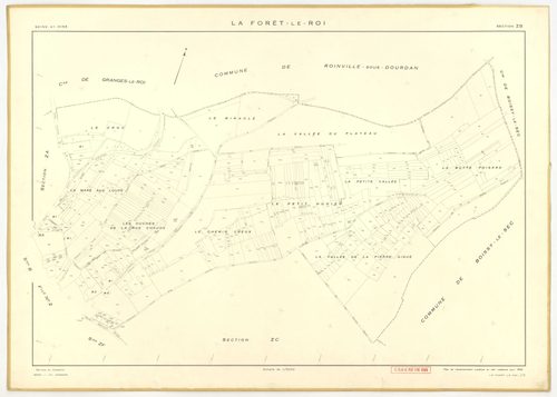 Plans minutes de conservation : FORET-LE-ROI (LA) : tableau d'assemblage n°1, ech. 1/10000 (1938), sections B1, B2, ech. 1/1250 (1938), sections A1, A2, C1, C2, ech. 1/2500 (1938) ; sections A1, B1, B2, ech. 1/1250 (1938-1963) ; tableau d'assemblage n°2, 