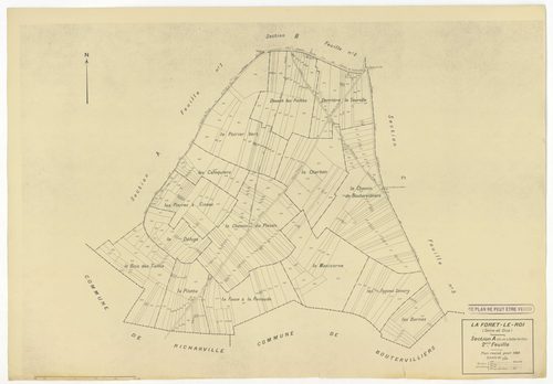 Plans minutes de conservation : FORET-LE-ROI (LA) : tableau d'assemblage n°1, ech. 1/10000 (1938), sections B1, B2, ech. 1/1250 (1938), sections A1, A2, C1, C2, ech. 1/2500 (1938) ; sections A1, B1, B2, ech. 1/1250 (1938-1963) ; tableau d'assemblage n°2, 
