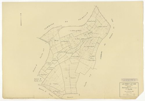 Plans minutes de conservation : FORET-LE-ROI (LA) : tableau d'assemblage n°1, ech. 1/10000 (1938), sections B1, B2, ech. 1/1250 (1938), sections A1, A2, C1, C2, ech. 1/2500 (1938) ; sections A1, B1, B2, ech. 1/1250 (1938-1963) ; tableau d'assemblage n°2, 
