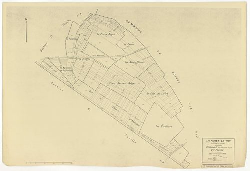 Plans minutes de conservation : FORET-LE-ROI (LA) : tableau d'assemblage n°1, ech. 1/10000 (1938), sections B1, B2, ech. 1/1250 (1938), sections A1, A2, C1, C2, ech. 1/2500 (1938) ; sections A1, B1, B2, ech. 1/1250 (1938-1963) ; tableau d'assemblage n°2, 