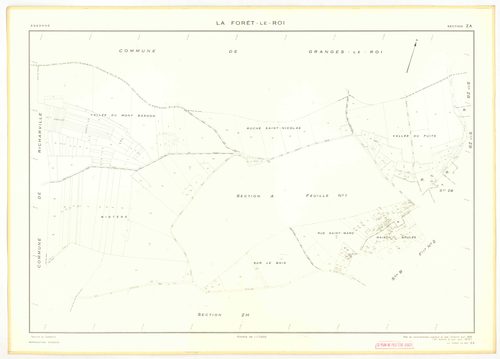 Plans minutes de conservation : FORET-LE-ROI (LA) : tableau d'assemblage n°1, ech. 1/10000 (1938), sections B1, B2, ech. 1/1250 (1938), sections A1, A2, C1, C2, ech. 1/2500 (1938) ; sections A1, B1, B2, ech. 1/1250 (1938-1963) ; tableau d'assemblage n°2, 