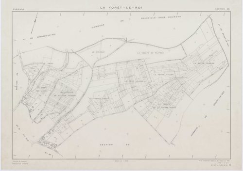 FORET-LE-ROI (LA), plans minutes de conservation : tableau d'assemblage, 1938, Ech. 1/5000 ; plans des section W, X1, Y1, Y2, Z, 1953, Ech. 1/2000, section X2, 1953, Ech. 1/1000. Polyester. N et B. Dim. 105 x 80 cm [7 plans]. 