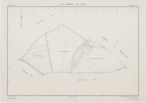 FORET-LE-ROI (LA), plans minutes de conservation : tableau d'assemblage, 1938, Ech. 1/5000 ; plans des section W, X1, Y1, Y2, Z, 1953, Ech. 1/2000, section X2, 1953, Ech. 1/1000. Polyester. N et B. Dim. 105 x 80 cm [7 plans]. 