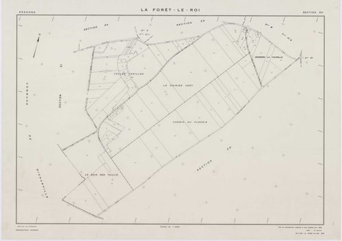 FORET-LE-ROI (LA), plans minutes de conservation : tableau d'assemblage, 1938, Ech. 1/5000 ; plans des section W, X1, Y1, Y2, Z, 1953, Ech. 1/2000, section X2, 1953, Ech. 1/1000. Polyester. N et B. Dim. 105 x 80 cm [7 plans]. 