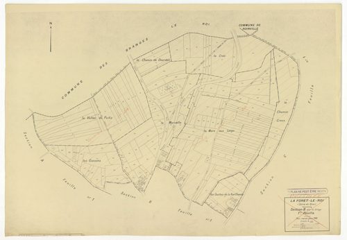 Plans minutes de conservation : FORET-LE-ROI (LA) : tableau d'assemblage n°1, ech. 1/10000 (1938), sections B1, B2, ech. 1/1250 (1938), sections A1, A2, C1, C2, ech. 1/2500 (1938) ; sections A1, B1, B2, ech. 1/1250 (1938-1963) ; tableau d'assemblage n°2, 