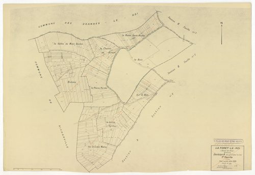 Plans minutes de conservation : FORET-LE-ROI (LA) : tableau d'assemblage n°1, ech. 1/10000 (1938), sections B1, B2, ech. 1/1250 (1938), sections A1, A2, C1, C2, ech. 1/2500 (1938) ; sections A1, B1, B2, ech. 1/1250 (1938-1963) ; tableau d'assemblage n°2, 