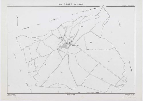 FORET-LE-ROI (LA), plans minutes de conservation : tableau d'assemblage, 1938, Ech. 1/5000 ; plans des section W, X1, Y1, Y2, Z, 1953, Ech. 1/2000, section X2, 1953, Ech. 1/1000. Polyester. N et B. Dim. 105 x 80 cm [7 plans]. 