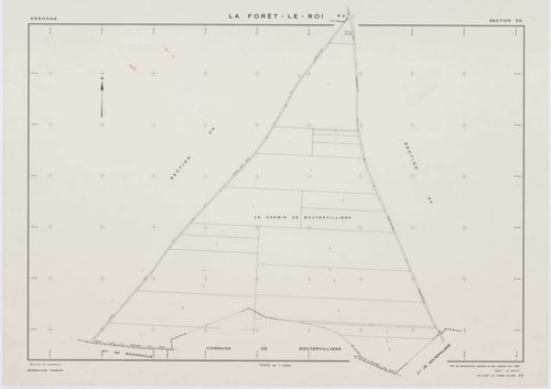 FORET-LE-ROI (LA), plans minutes de conservation : tableau d'assemblage, 1938, Ech. 1/5000 ; plans des section W, X1, Y1, Y2, Z, 1953, Ech. 1/2000, section X2, 1953, Ech. 1/1000. Polyester. N et B. Dim. 105 x 80 cm [7 plans]. 