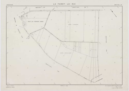 FORET-LE-ROI (LA), plans minutes de conservation : tableau d'assemblage, 1938, Ech. 1/5000 ; plans des section W, X1, Y1, Y2, Z, 1953, Ech. 1/2000, section X2, 1953, Ech. 1/1000. Polyester. N et B. Dim. 105 x 80 cm [7 plans]. 