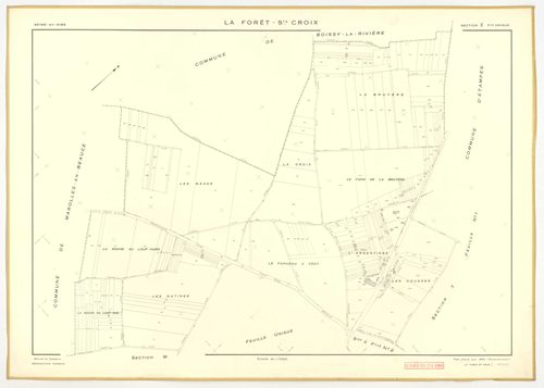 Plans minutes de conservation : FORET-SAINTE-CROIX (LA) : tableau d'assemblage, ech. 1/5000 (1953), sections W, X1, X2, Y1, Y2, Z, ech. 1/2000 (1953), NB, papier, 105x80 [7 plans]. 