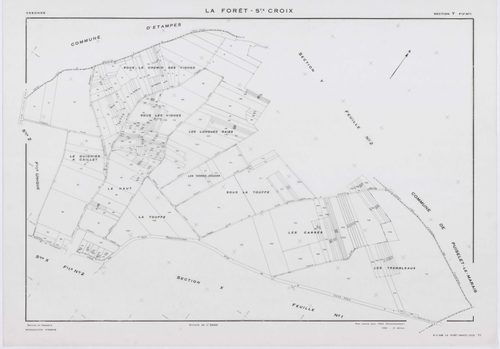 FORET-SAINTE-CROIX (LA), plans minutes de conservation : tableau d'assemblage, 1953, Ech. 1/5000 ; plans des sections W, X1, Y1, Y2, Z, 1953, Ech. 1/2000, section X2, 1953, Ech. 1/1000. Polyester. N et B. Dim. 105 x 80 cm [7 plans]. 