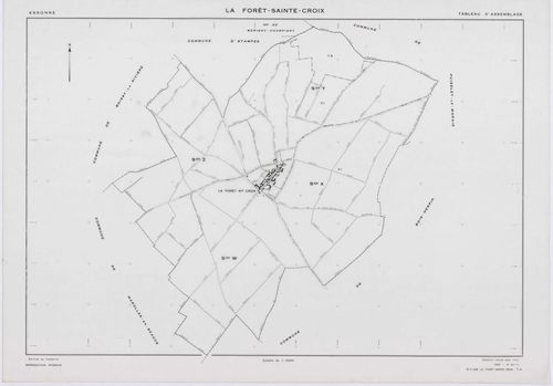 FORET-SAINTE-CROIX (LA), plans minutes de conservation : tableau d'assemblage, 1953, Ech. 1/5000 ; plans des sections W, X1, Y1, Y2, Z, 1953, Ech. 1/2000, section X2, 1953, Ech. 1/1000. Polyester. N et B. Dim. 105 x 80 cm [7 plans]. 