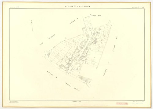 Plans minutes de conservation : FORET-SAINTE-CROIX (LA) : tableau d'assemblage, ech. 1/5000 (1953), sections W, X1, X2, Y1, Y2, Z, ech. 1/2000 (1953), NB, papier, 105x80 [7 plans]. 
