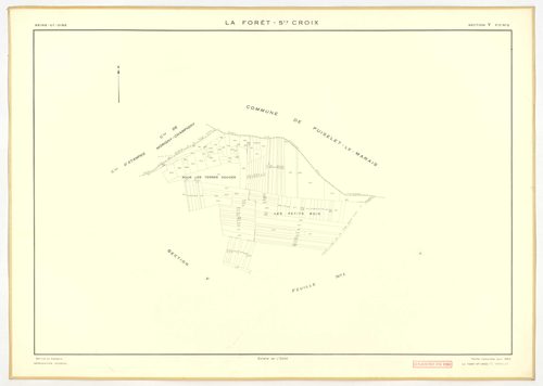 Plans minutes de conservation : FORET-SAINTE-CROIX (LA) : tableau d'assemblage, ech. 1/5000 (1953), sections W, X1, X2, Y1, Y2, Z, ech. 1/2000 (1953), NB, papier, 105x80 [7 plans]. 