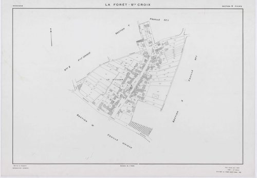 FORET-SAINTE-CROIX (LA), plans minutes de conservation : tableau d'assemblage, 1953, Ech. 1/5000 ; plans des sections W, X1, Y1, Y2, Z, 1953, Ech. 1/2000, section X2, 1953, Ech. 1/1000. Polyester. N et B. Dim. 105 x 80 cm [7 plans]. 