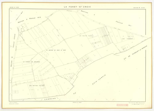 Plans minutes de conservation : FORET-SAINTE-CROIX (LA) : tableau d'assemblage, ech. 1/5000 (1953), sections W, X1, X2, Y1, Y2, Z, ech. 1/2000 (1953), NB, papier, 105x80 [7 plans]. 