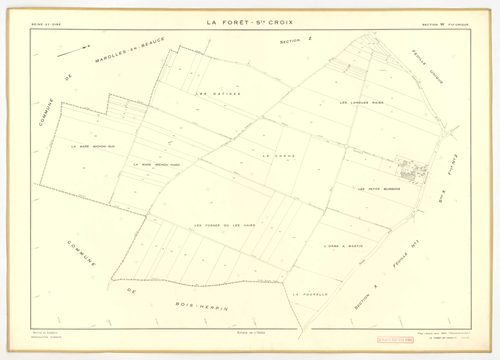 Plans minutes de conservation : FORET-SAINTE-CROIX (LA) : tableau d'assemblage, ech. 1/5000 (1953), sections W, X1, X2, Y1, Y2, Z, ech. 1/2000 (1953), NB, papier, 105x80 [7 plans]. 