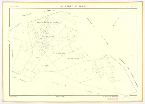 Plans minutes de conservation : FORET-SAINTE-CROIX (LA) : tableau d'assemblage, ech. 1/5000 (1953), sections W, X1, X2, Y1, Y2, Z, ech. 1/2000 (1953), NB, papier, 105x80 [7 plans]. 