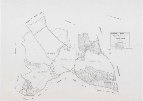 FORGES-LES-BAINS, plans minutes de conservation : tableau d'assemblage,1935, Ech. 1/10000 ; plans des sections A1, A2, B1, B2, C2, C3, C4, D1, D2, D4, E1, G1, G3, G4, H2, 1935, Ech. 1/1250, sections F1, H1, I, 1935, Ech. 1/2500, sections ZA, ZB, ZC, ZD, Z
