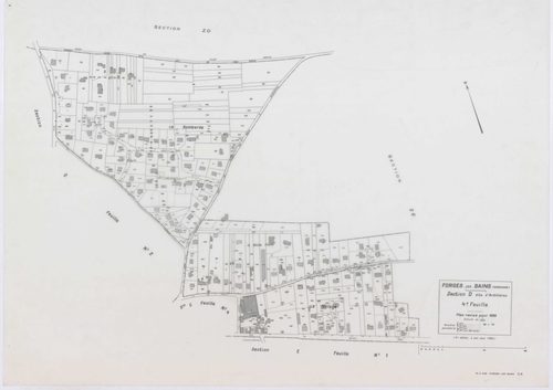 FORGES-LES-BAINS, plans minutes de conservation : tableau d'assemblage,1935, Ech. 1/10000 ; plans des sections A1, A2, B1, B2, C2, C3, C4, D1, D2, D4, E1, G1, G3, G4, H2, 1935, Ech. 1/1250, sections F1, H1, I, 1935, Ech. 1/2500, sections ZA, ZB, ZC, ZD, Z