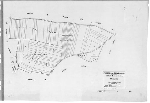 FORGES-LES-BAINS.- Cadastre révisé pour 1935 : plan du tableau d'assemblage, plans de la section A Malassis 3ème feuille, idem 4ème feuille, section B Chardonnet 3ème feuille, idem 4ème feuille, section C Forges 2ème feuille, idem 3ème feuille, section G 