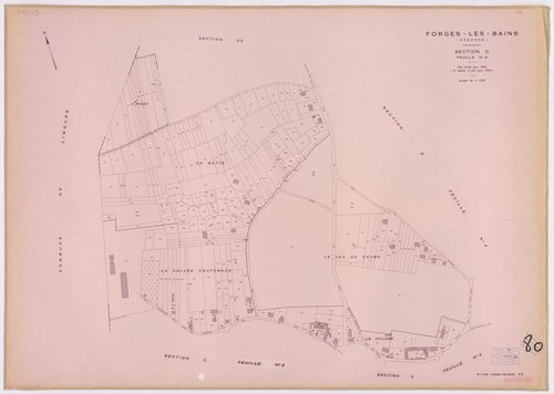 FORGES-LES-BAINS. - Plan révisé pour 1935, à jour pour 1974 (2ème, 3ème édition) : plans du tableau d'assemblage, des sections A dite de Malassis (feuilles 1-2), B dite du Chardonnet (feuilles 1-2), C dite de Forges (feuilles 2-4), D dite d'Ardillères (fe