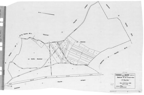 FORGES-LES-BAINS.- Cadastre révisé pour 1935 : plan du tableau d'assemblage, plans de la section A Malassis 3ème feuille, idem 4ème feuille, section B Chardonnet 3ème feuille, idem 4ème feuille, section C Forges 2ème feuille, idem 3ème feuille, section G 