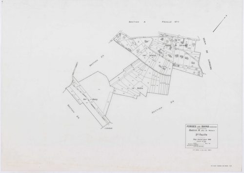 FORGES-LES-BAINS, plans minutes de conservation : tableau d'assemblage,1935, Ech. 1/10000 ; plans des sections A1, A2, B1, B2, C2, C3, C4, D1, D2, D4, E1, G1, G3, G4, H2, 1935, Ech. 1/1250, sections F1, H1, I, 1935, Ech. 1/2500, sections ZA, ZB, ZC, ZD, Z