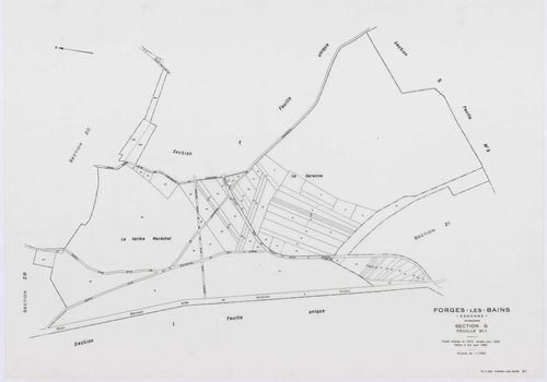 FORGES-LES-BAINS, plans minutes de conservation : tableau d'assemblage,1935, Ech. 1/10000 ; plans des sections A1, A2, B1, B2, C2, C3, C4, D1, D2, D4, E1, G1, G3, G4, H2, 1935, Ech. 1/1250, sections F1, H1, I, 1935, Ech. 1/2500, sections ZA, ZB, ZC, ZD, Z