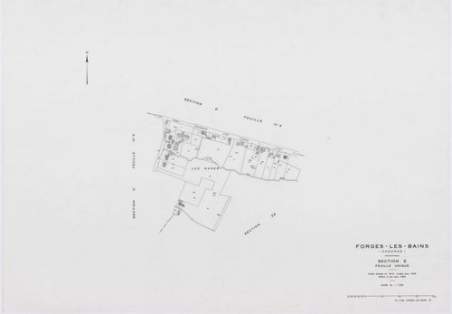 FORGES-LES-BAINS, plans minutes de conservation : tableau d'assemblage,1935, Ech. 1/10000 ; plans des sections A1, A2, B1, B2, C2, C3, C4, D1, D2, D4, E1, G1, G3, G4, H2, 1935, Ech. 1/1250, sections F1, H1, I, 1935, Ech. 1/2500, sections ZA, ZB, ZC, ZD, Z
