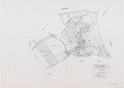 FORGES-LES-BAINS, plans minutes de conservation : tableau d'assemblage,1935, Ech. 1/10000 ; plans des sections A1, A2, B1, B2, C2, C3, C4, D1, D2, D4, E1, G1, G3, G4, H2, 1935, Ech. 1/1250, sections F1, H1, I, 1935, Ech. 1/2500, sections ZA, ZB, ZC, ZD, Z