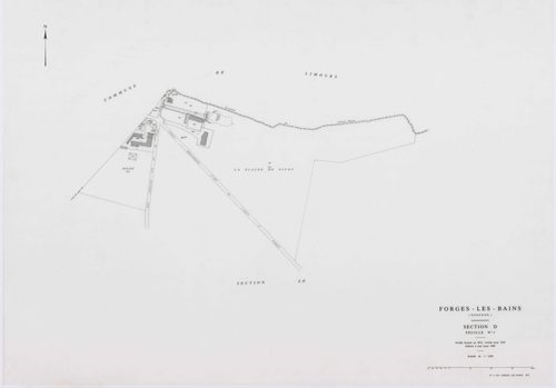 FORGES-LES-BAINS, plans minutes de conservation : tableau d'assemblage,1935, Ech. 1/10000 ; plans des sections A1, A2, B1, B2, C2, C3, C4, D1, D2, D4, E1, G1, G3, G4, H2, 1935, Ech. 1/1250, sections F1, H1, I, 1935, Ech. 1/2500, sections ZA, ZB, ZC, ZD, Z