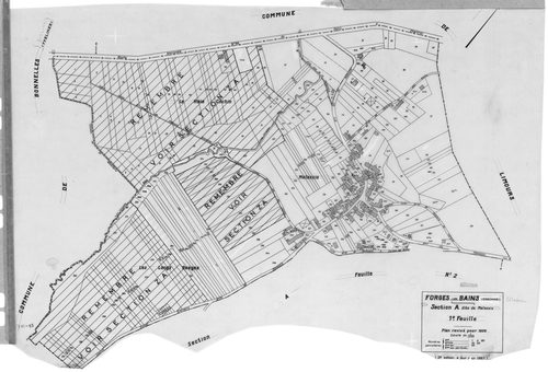 FORGES-LES-BAINS.- Cadastre révisé pour 1935 : plan du tableau d'assemblage, plans de la section A Malassis 3ème feuille, idem 4ème feuille, section B Chardonnet 3ème feuille, idem 4ème feuille, section C Forges 2ème feuille, idem 3ème feuille, section G 