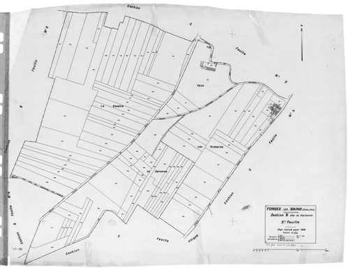 FORGES-LES-BAINS.- Cadastre révisé pour 1935 : plan du tableau d'assemblage, plans de la section A Malassis 3ème feuille, idem 4ème feuille, section B Chardonnet 3ème feuille, idem 4ème feuille, section C Forges 2ème feuille, idem 3ème feuille, section G 