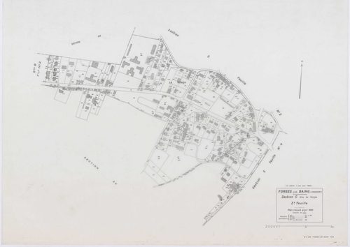 FORGES-LES-BAINS, plans minutes de conservation : tableau d'assemblage,1935, Ech. 1/10000 ; plans des sections A1, A2, B1, B2, C2, C3, C4, D1, D2, D4, E1, G1, G3, G4, H2, 1935, Ech. 1/1250, sections F1, H1, I, 1935, Ech. 1/2500, sections ZA, ZB, ZC, ZD, Z
