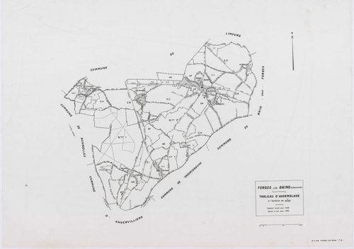 FORGES-LES-BAINS, plans minutes de conservation : tableau d'assemblage,1935, Ech. 1/10000 ; plans des sections A1, A2, B1, B2, C2, C3, C4, D1, D2, D4, E1, G1, G3, G4, H2, 1935, Ech. 1/1250, sections F1, H1, I, 1935, Ech. 1/2500, sections ZA, ZB, ZC, ZD, Z