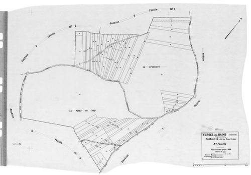 FORGES-LES-BAINS.- Cadastre révisé pour 1935 : plan du tableau d'assemblage, plans de la section A Malassis 3ème feuille, idem 4ème feuille, section B Chardonnet 3ème feuille, idem 4ème feuille, section C Forges 2ème feuille, idem 3ème feuille, section G 