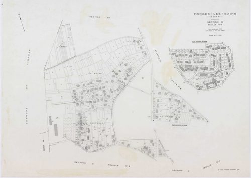 FORGES-LES-BAINS, plans minutes de conservation : tableau d'assemblage,1935, Ech. 1/10000 ; plans des sections A1, A2, B1, B2, C2, C3, C4, D1, D2, D4, E1, G1, G3, G4, H2, 1935, Ech. 1/1250, sections F1, H1, I, 1935, Ech. 1/2500, sections ZA, ZB, ZC, ZD, Z