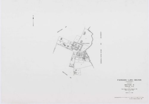 FORGES-LES-BAINS, plans minutes de conservation : tableau d'assemblage,1935, Ech. 1/10000 ; plans des sections A1, A2, B1, B2, C2, C3, C4, D1, D2, D4, E1, G1, G3, G4, H2, 1935, Ech. 1/1250, sections F1, H1, I, 1935, Ech. 1/2500, sections ZA, ZB, ZC, ZD, Z