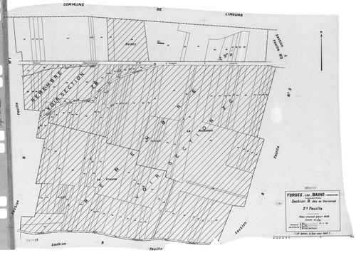 FORGES-LES-BAINS.- Cadastre révisé pour 1935 : plan du tableau d'assemblage, plans de la section A Malassis 3ème feuille, idem 4ème feuille, section B Chardonnet 3ème feuille, idem 4ème feuille, section C Forges 2ème feuille, idem 3ème feuille, section G 